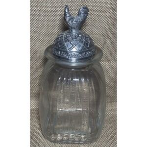 Vtg Artland Rooster Canister 13" Clear Ribbed Glass Pewter Farmhouse Chicken